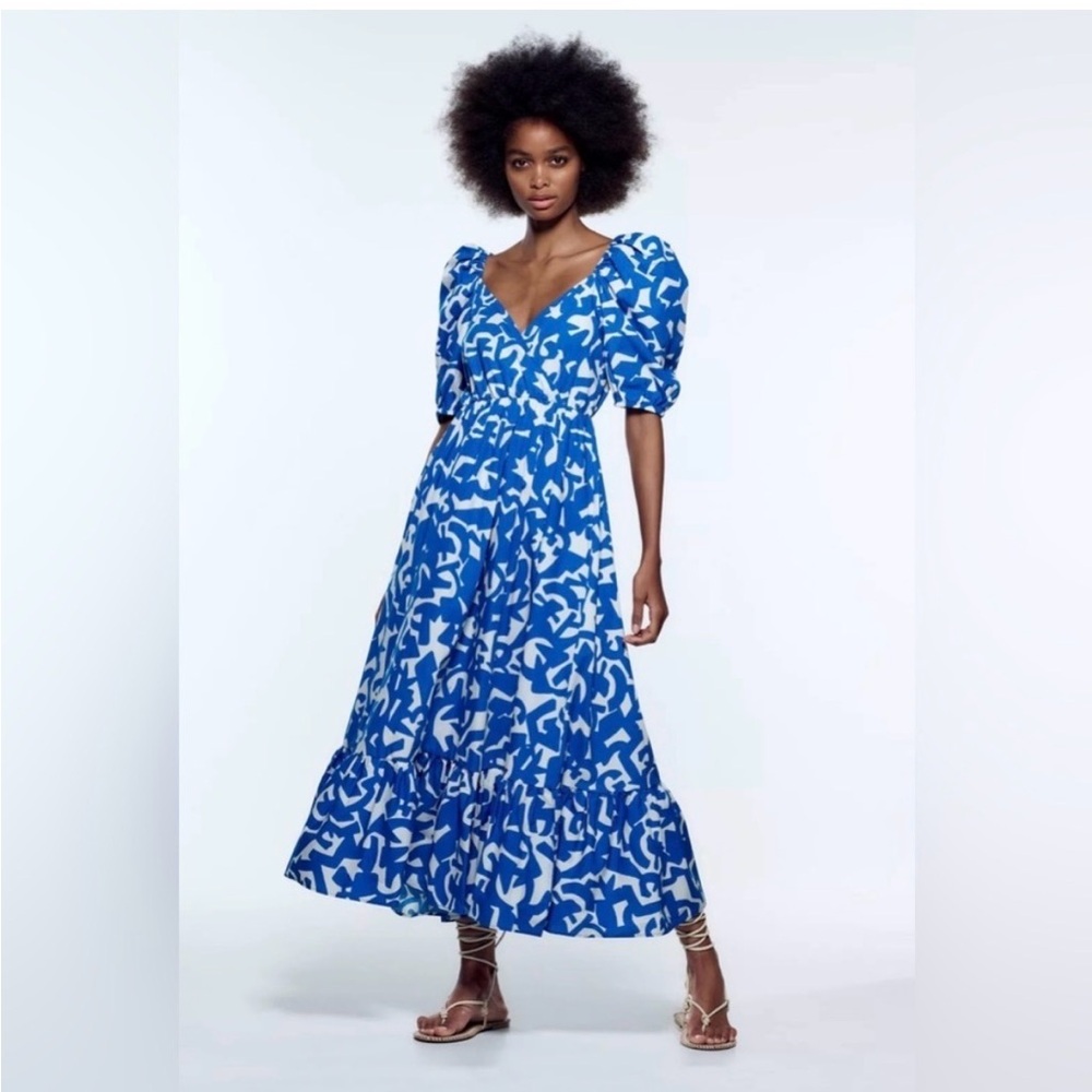 Zara blue white floral print midi dress nap dress small s
